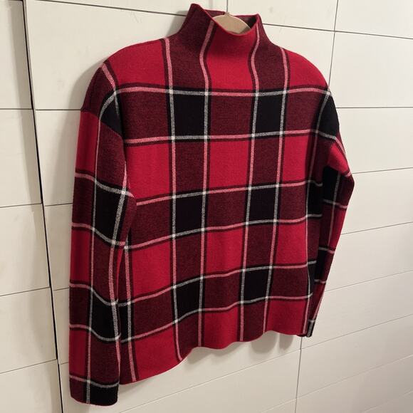 TAHARI Women Long Sleeve Mock Neck Sweater Size M Red/Black/White Plaid - Picture 2 of 7